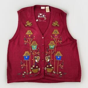 VTG Bobbie Brooks Plus Size Embroidered Knit Sweater Vest 28W Birds Teacher Fall